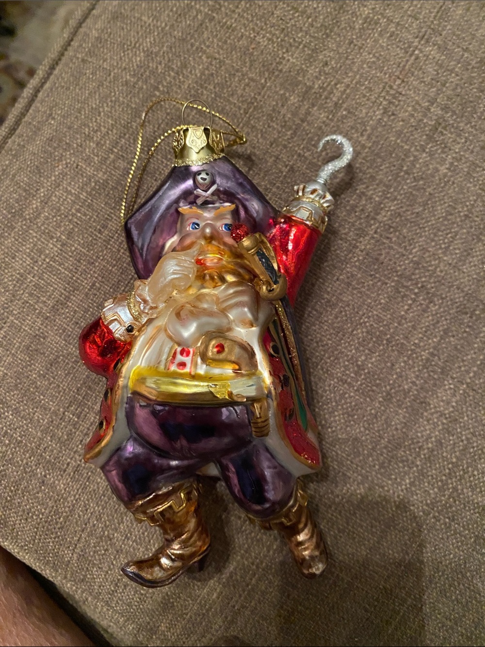 Hand-Painted Pirate Santa Glass Ornament in Purple and Red